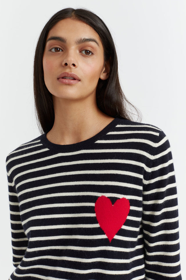 Navy-Cream Breton Heart Wool-Cashmere Sweater image 2
