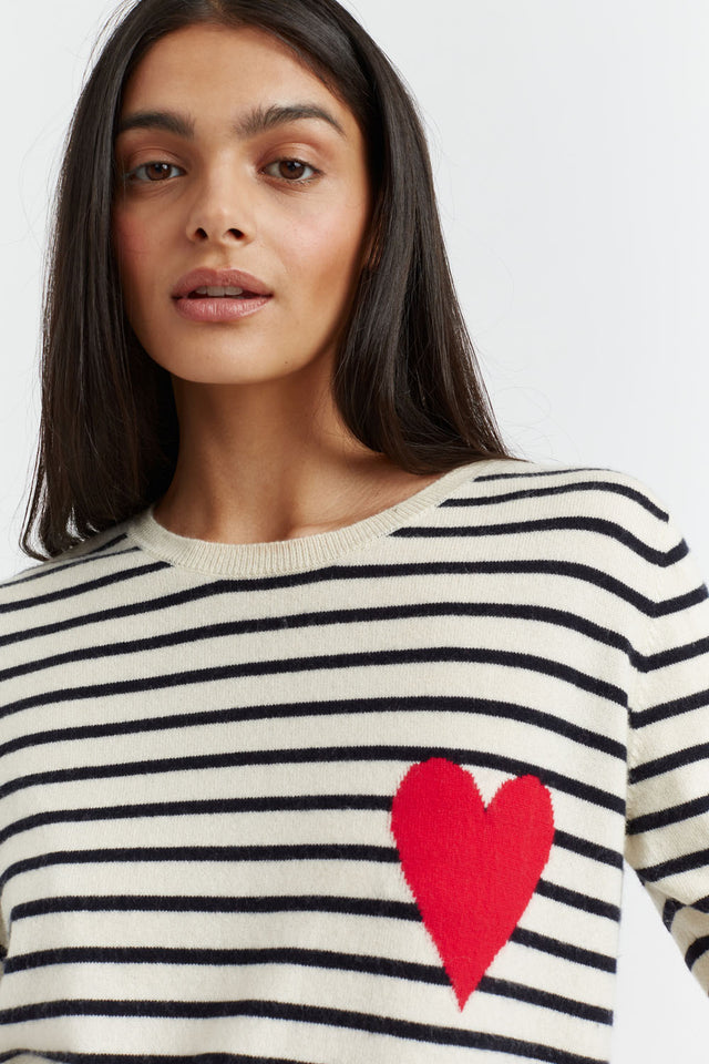 Cream-Navy Breton Heart Wool-Cashmere Sweater image 1
