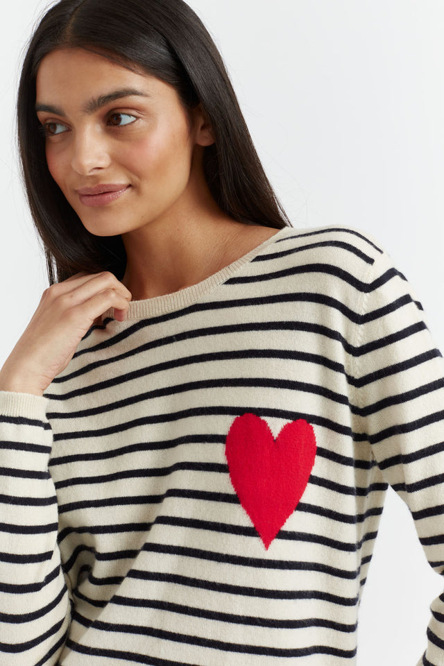 Cream-Navy Breton Heart Wool-Cashmere Sweater image 6