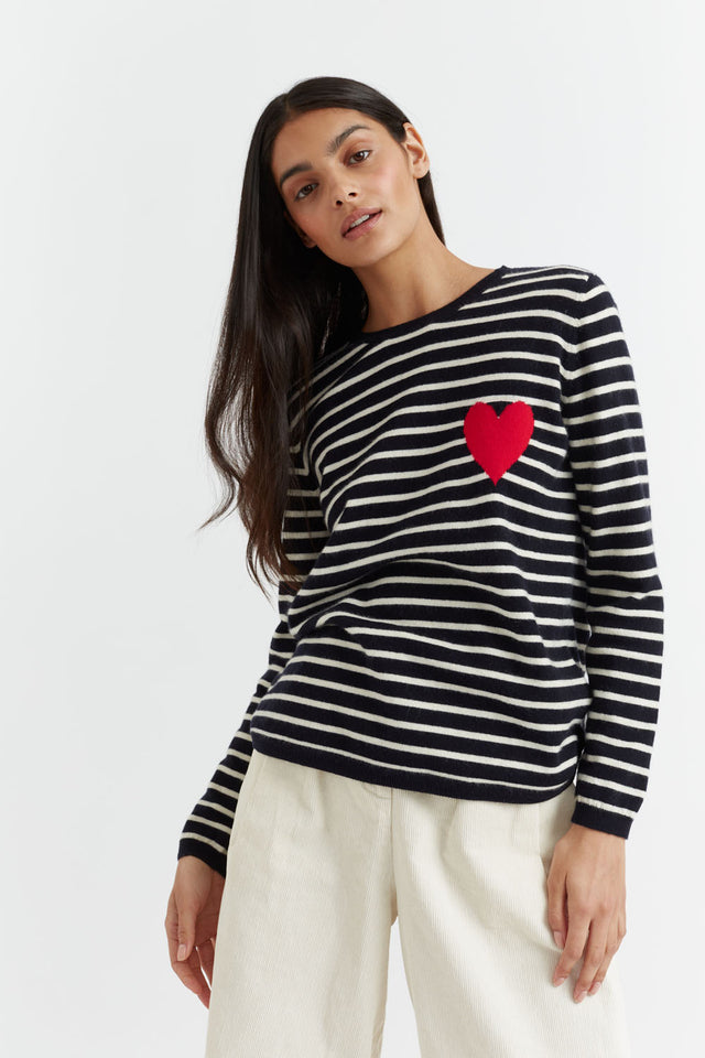 Navy-Cream Breton Heart Wool-Cashmere Sweater image 1