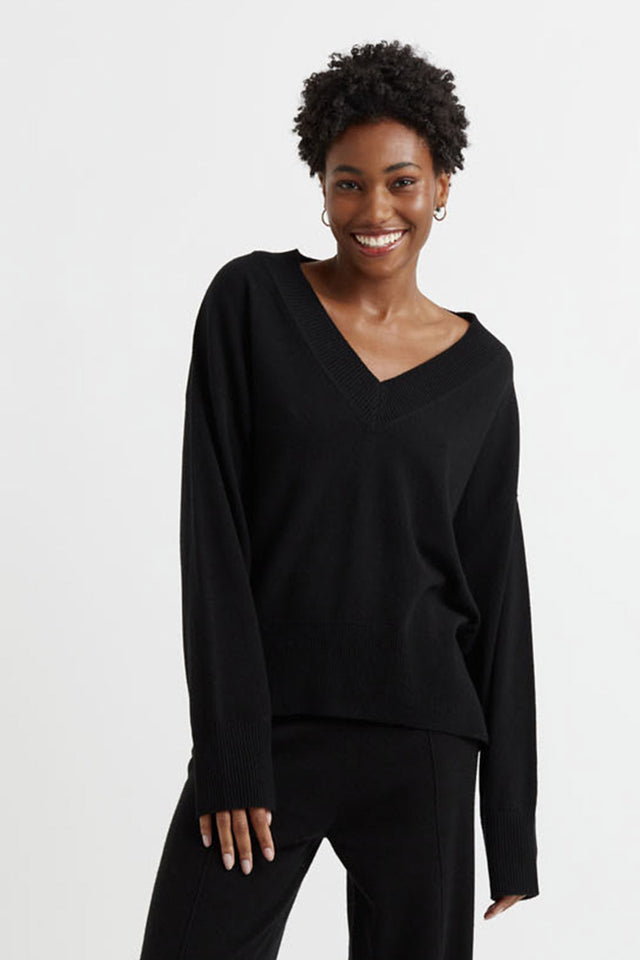 Black Wool-Cashmere V-Neck Sweater image 1