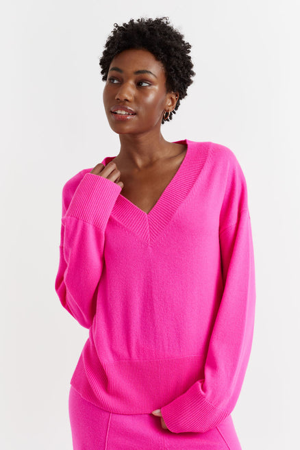 Fuchsia Wool-Cashmere V-Neck Sweater
