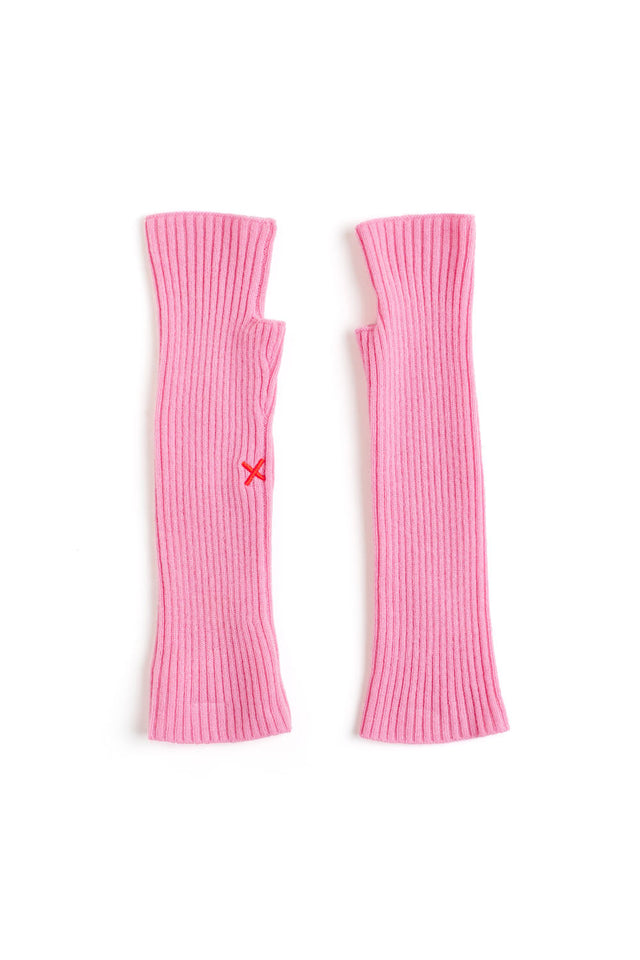 Flamingo-Pink Wool-Cashmere Ribbed Fingerless Gloves image 2