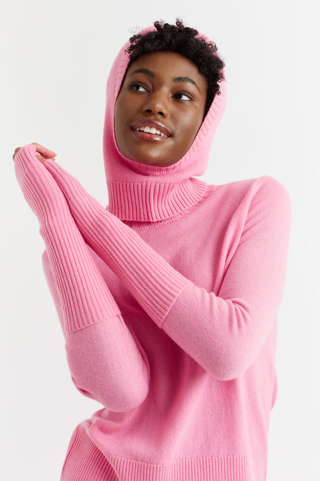 Flamingo-Pink Wool-Cashmere Ribbed Fingerless Gloves image 1