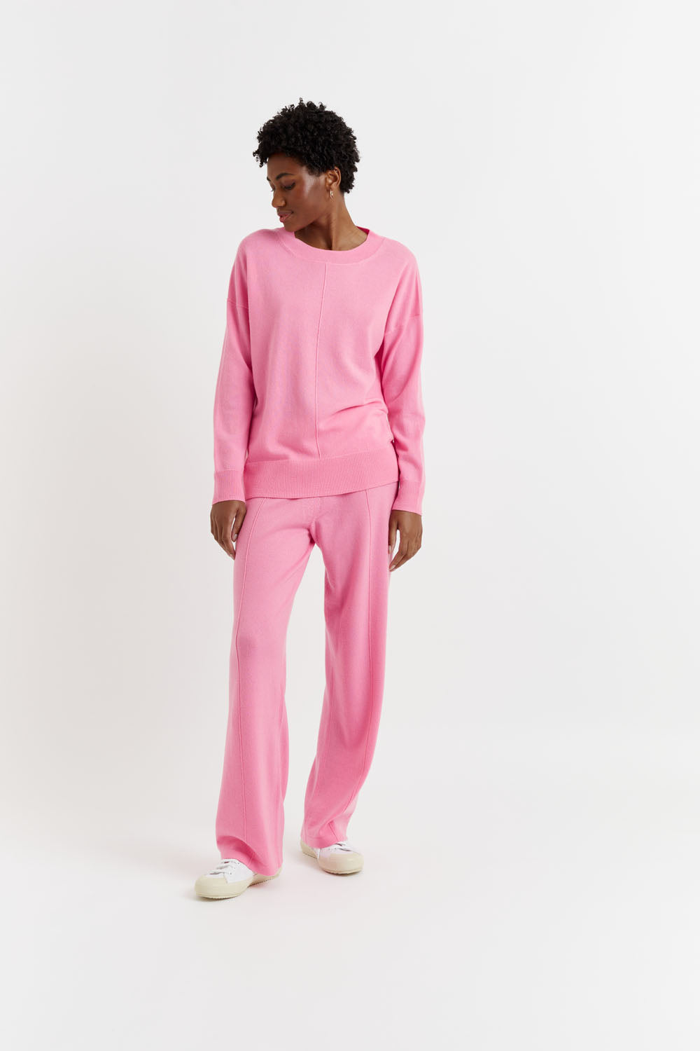 Flamingo-Pink Wool-Cashmere Wide-Leg Track Pants
