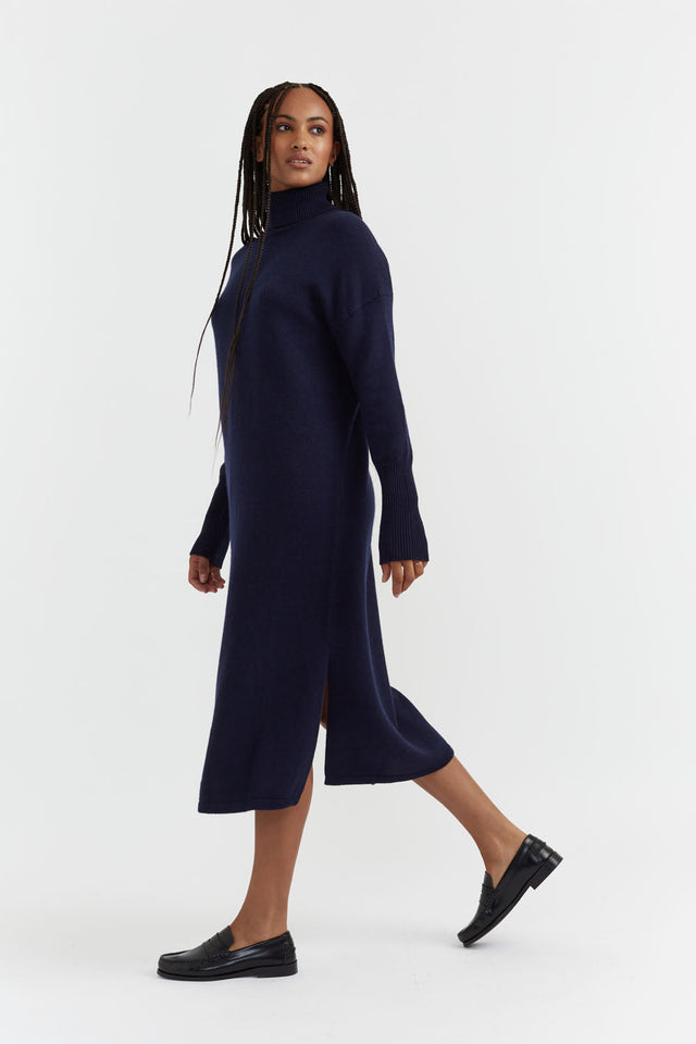 Navy Wool-Cashmere Roll Neck Dress image 1