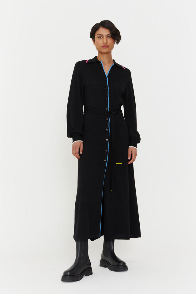 Black Merino Wool Belted Shirt Dress image 4