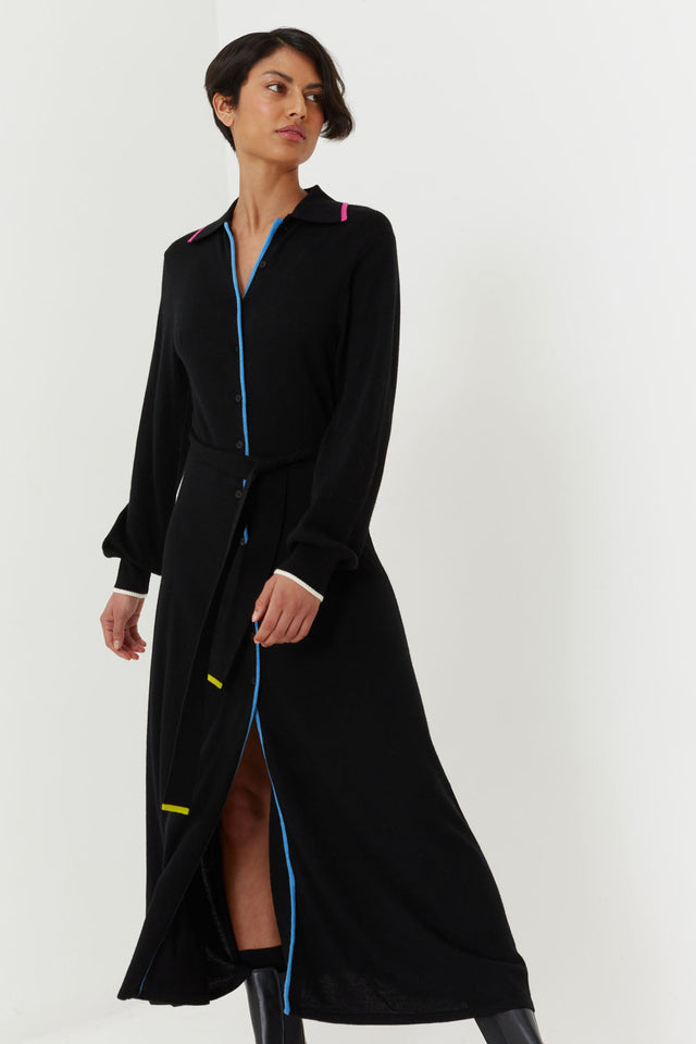 Black Merino Wool Belted Shirt Dress image 1