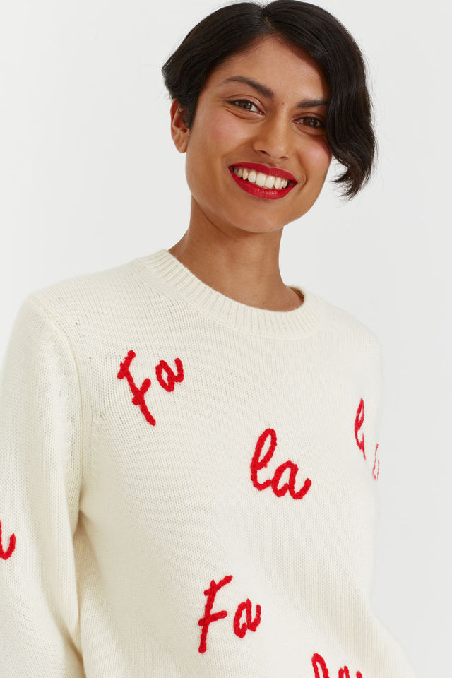 Cream Wool-Cashmere Fa La La Christmas Sweater image 1
