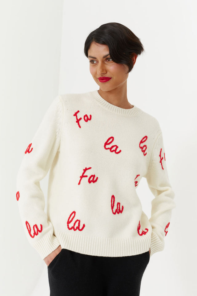 Cream Wool-Cashmere Fa La La Christmas Sweater image 3