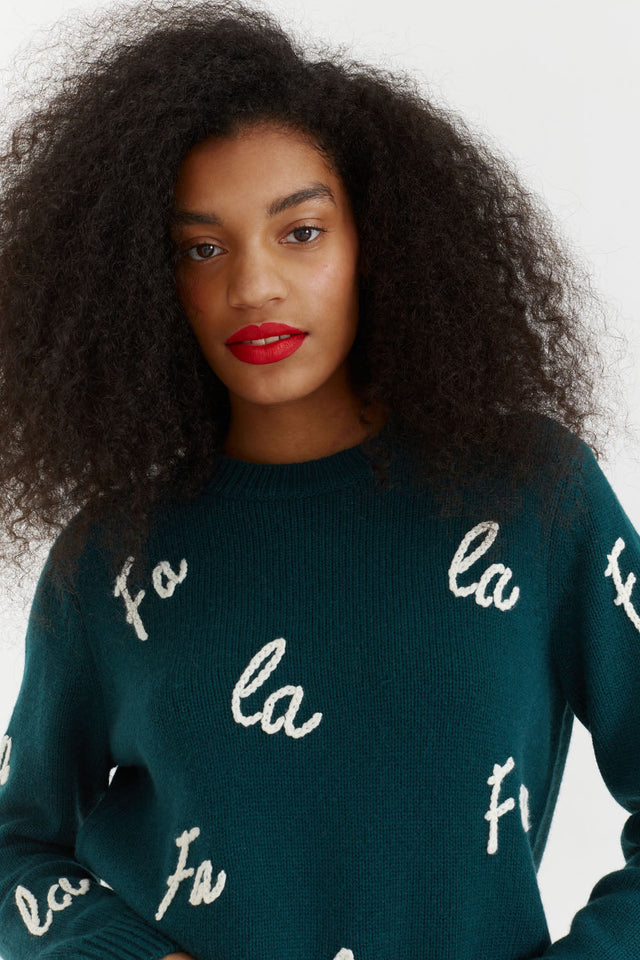 Green Wool-Cashmere Fa La La Christmas Sweater image 4